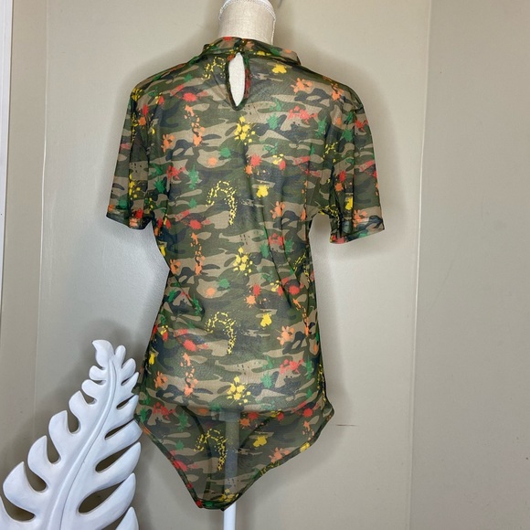 Plus Size Green Yellow Orange Semi Sheer Splatter Snap Bottom Bodysuit - Picture 3 of 3